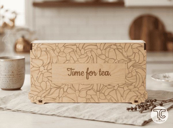 Elegant wooden tea box with multiple compartments for organizing tea bags.