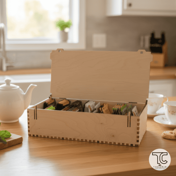 Elegant wooden tea box with multiple compartments for organizing tea bags. Perfect for kitchen or te.