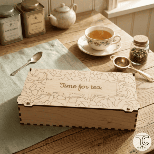 Elegant wooden tea box with compartments for organizing tea bags and accessories.